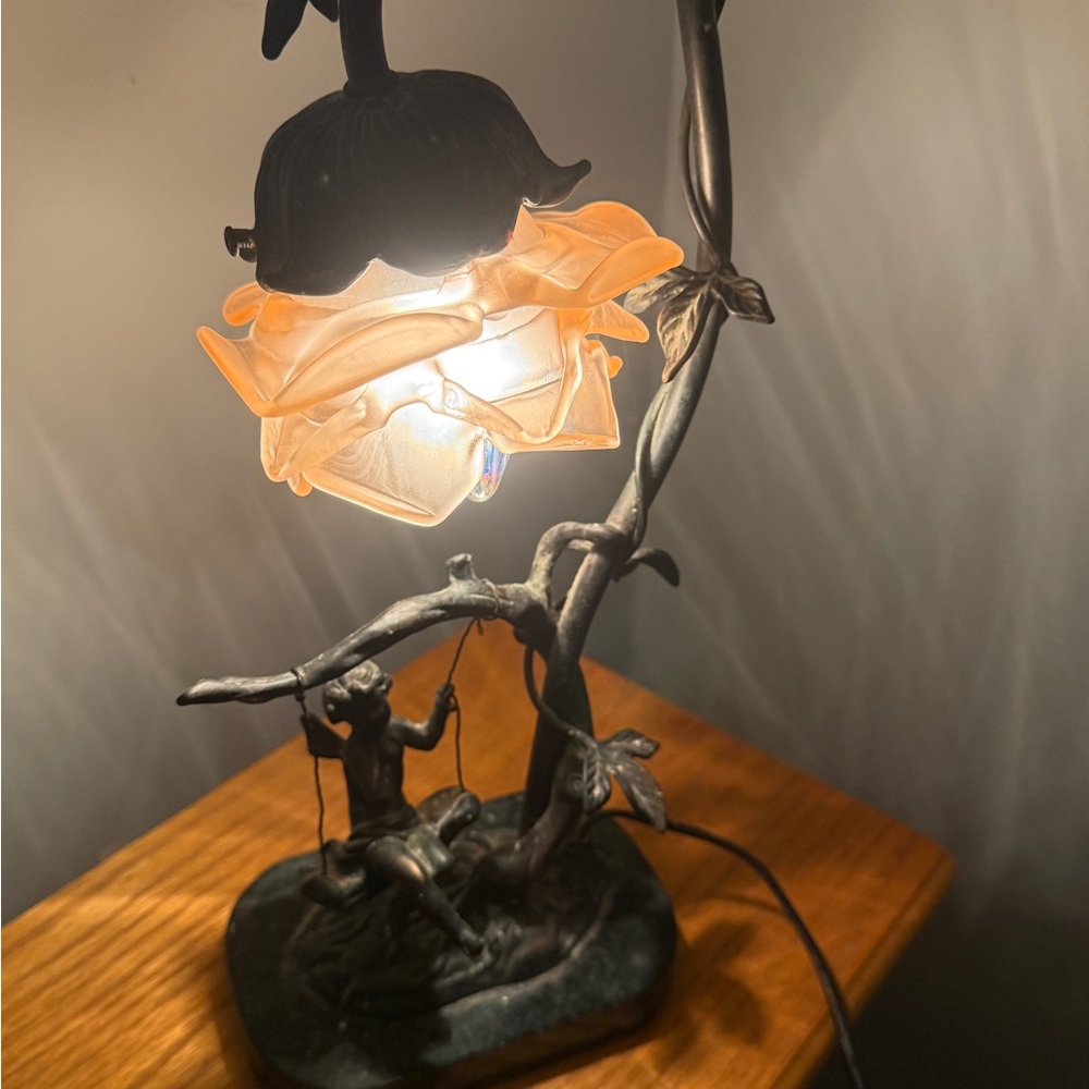 Andrea By Sadek Fairy On Swing Bronze Lamp Glass Flower Shade Marble Stand